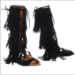 Space Style Concept Black Suede Fringe Gladiator Boho Sandals SZ 6/36