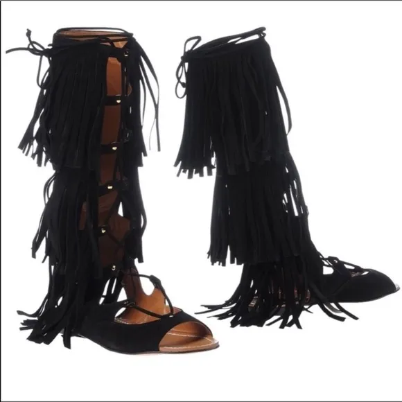 Space Style Concept Black Suede Fringe Gladiator Sandals SZ 6/36