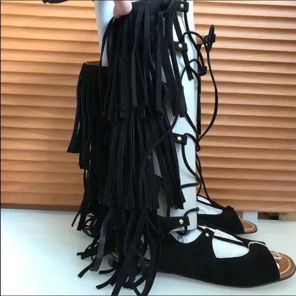 Space Style Concept Black Suede Fringe Gladiator Sandals SZ 6/36