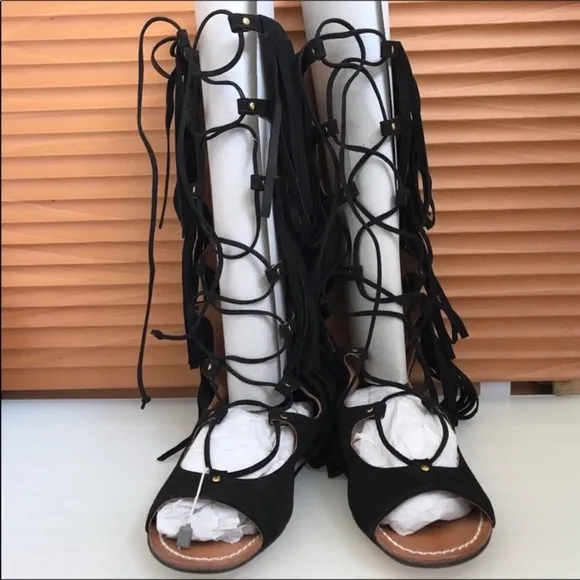 Space Style Concept Black Suede Fringe Gladiator Sandals SZ 6/36