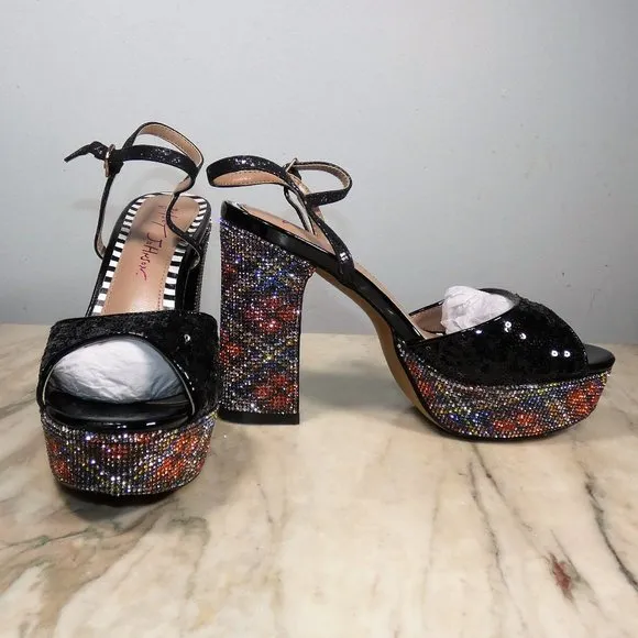 SPARKLING Betsey Johnson ALAIA sequin and rhinestone heeled platform sandals 8m