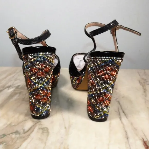 SPARKLING Betsey Johnson ALAIA sequin and rhinestone heeled platform sandals 8m