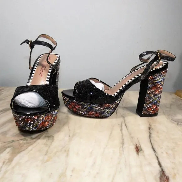 SPARKLING Betsey Johnson ALAIA sequin and rhinestone heeled platform sandals 8m