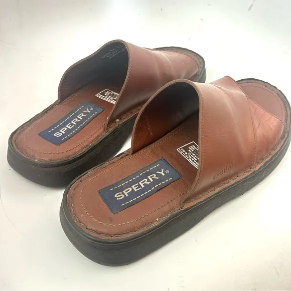 SPERRY Vtg 90s Men's Unisex Brown Leather Slide Sandals Men 8 / Wmn 9.5 Wide