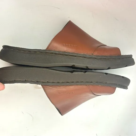 SPERRY Vtg 90s Men's Unisex Brown Leather Slide Sandals Men 8 / Wmn 9.5 Wide