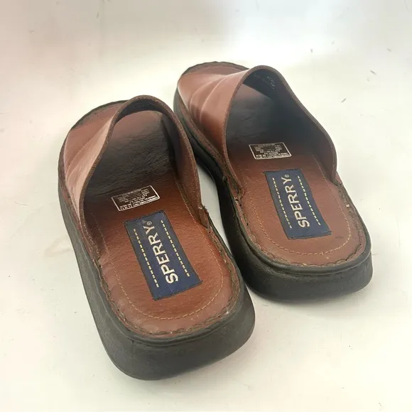 SPERRY Vtg 90s Men's Unisex Brown Leather Slide Sandals Men 8 / Wmn 9.5 Wide