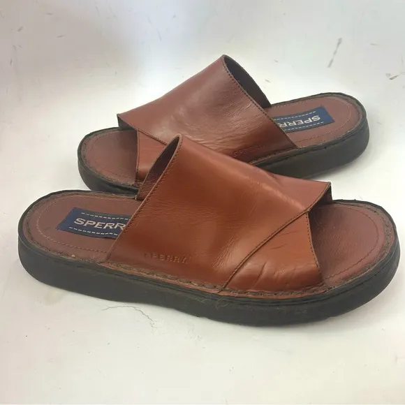 SPERRY Vtg 90s Men's Unisex Brown Leather Slide Sandals Men 8 / Wmn 9.5 Wide