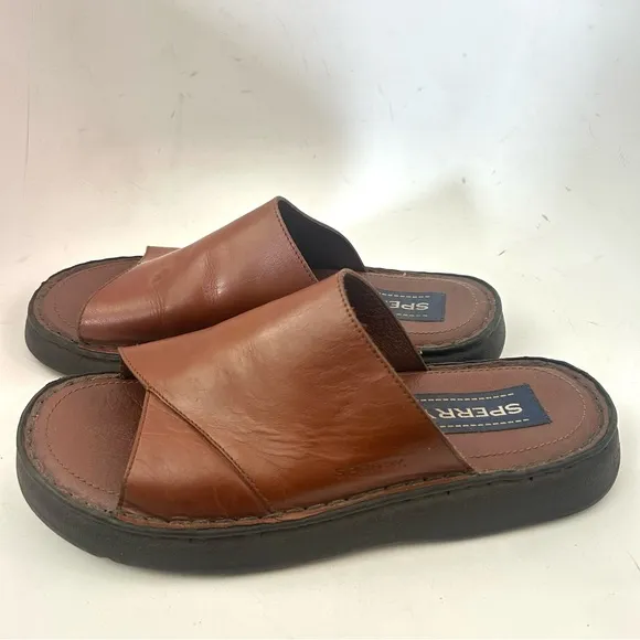 SPERRY Vtg 90s Men's Unisex Brown Leather Slide Sandals Men 8 / Wmn 9.5 Wide