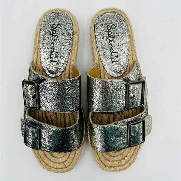 Splendid Blake Buckle Slide Nickel Metallic Crackle Leather Espadrilles  Size 7