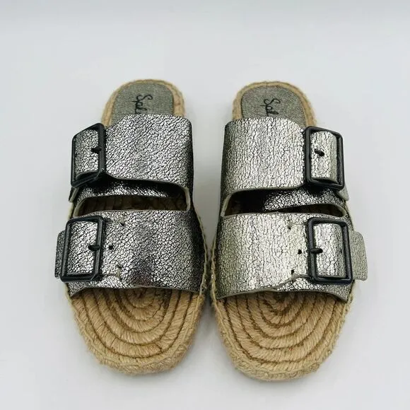 Splendid Blake Buckle Slide Nickel Metallic Crackle Leather Espadrilles  Size 7