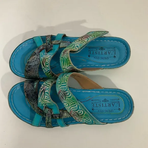 Spring Step L’Artiste Women’s Bright Turquoise Self Adhesive Closure Sandals 38