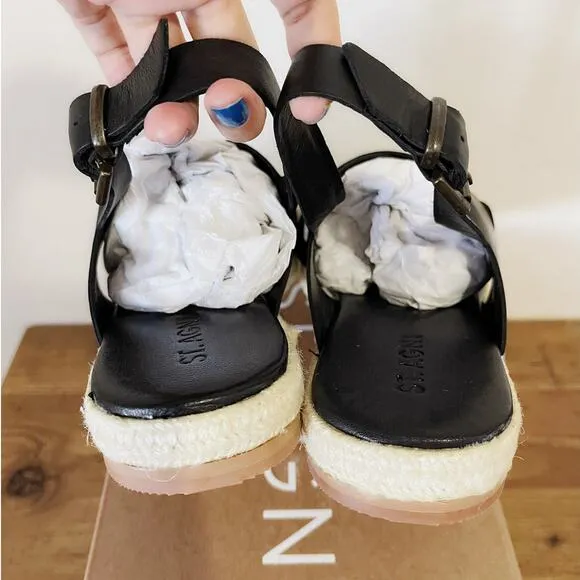 ST. AGNI NWT Basque Cross Strap Leather Espadrille Sandals in Black Size 11