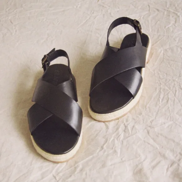 ST. AGNI NWT Basque Cross Strap Leather Espadrille Sandals in Black Size 11