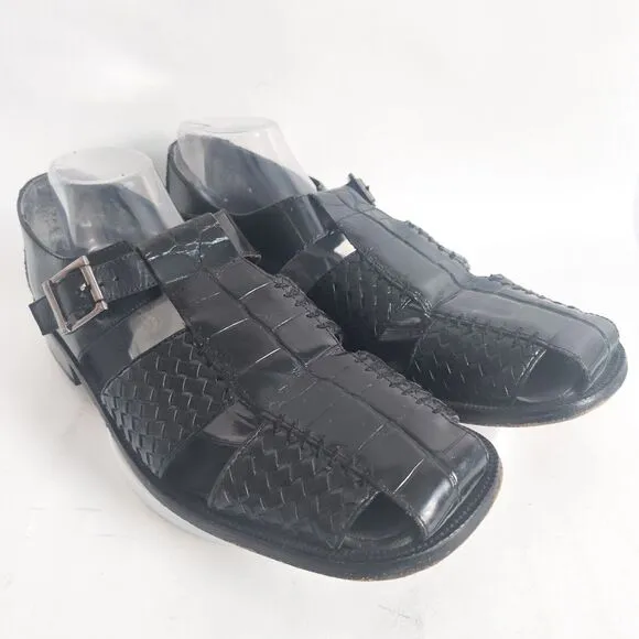 Stacy Adams Black Woven Leather Fisherman Sandals Size 12 Huarache Silver Buckle