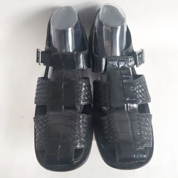 Stacy Adams Black Woven Leather Fisherman Sandals Size 12 Huarache Silver Buckle