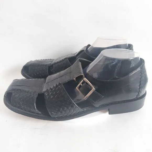 Stacy Adams Black Woven Leather Fisherman Sandals Size 12 Huarache Silver Buckle