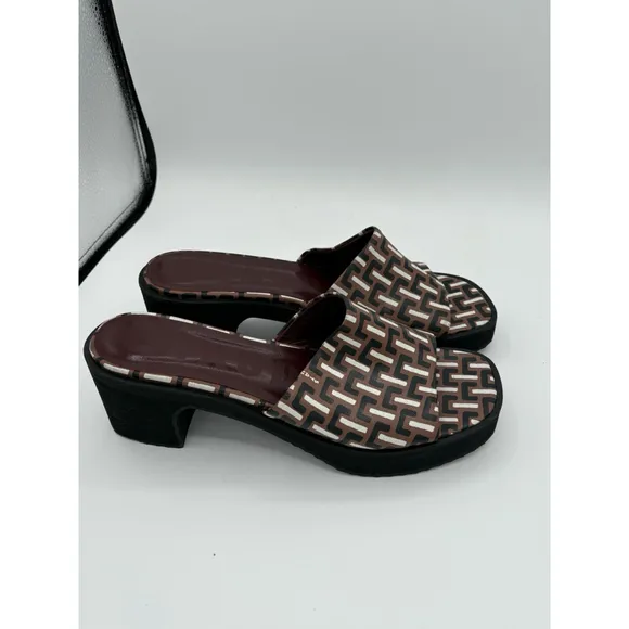 STAUD Geometric Print Block Heel Sandals - Women’s Size 10- Brown/Black/White