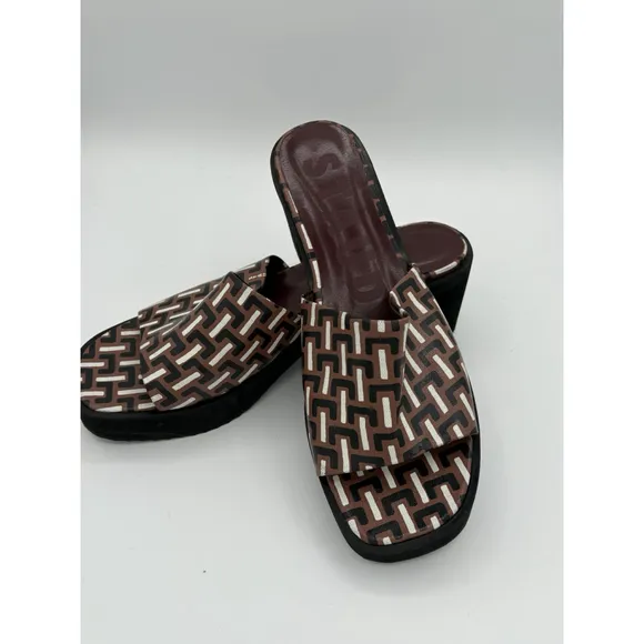 STAUD Geometric Print Block Heel Sandals - Women’s Size 10- Brown/Black/White