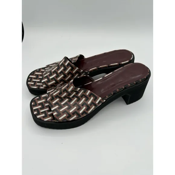 STAUD Geometric Print Block Heel Sandals - Women’s Size 10- Brown/Black/White