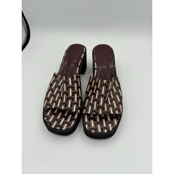 STAUD Geometric Print Block Heel Sandals - Women’s Size 10- Brown/Black/White