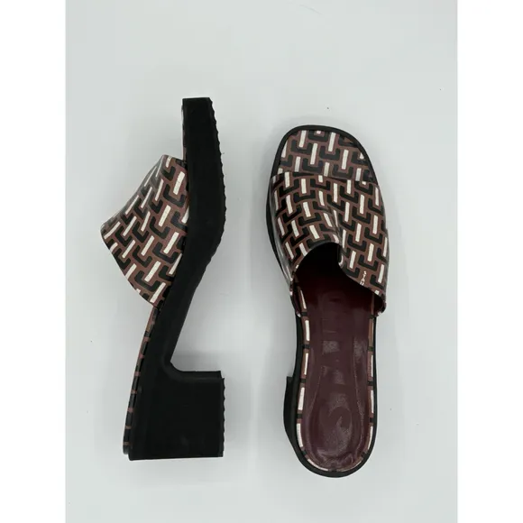 STAUD Geometric Print Block Heel Sandals - Women’s Size 10- Brown/Black/White