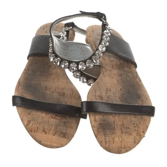 Stella McCartney Jodie Crystal Embellished Sandals Black Leather Cork Size 41
