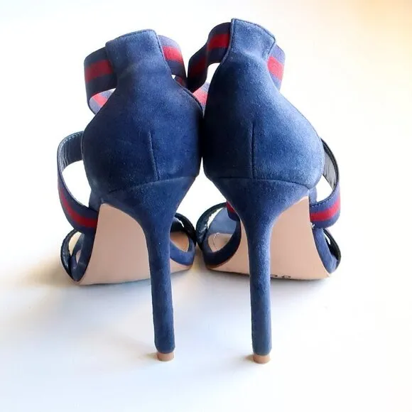 Steve Madden Carina Navy &amp; Red Stiletto Heel Elastic Ankle Strap Suede Sandals