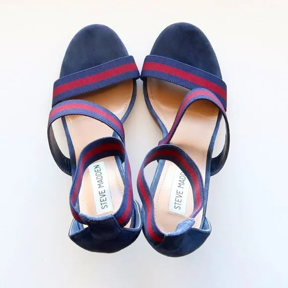 Steve Madden Carina Navy &amp; Red Stiletto Heel Elastic Ankle Strap Suede Sandals