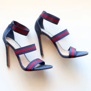 Steve Madden Carina Navy &amp; Red Stiletto Heel Elastic Ankle Strap Suede Sandals