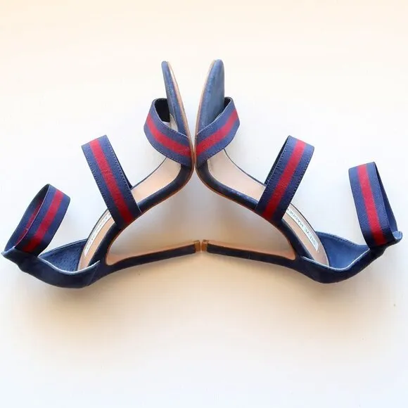 Steve Madden Carina Navy &amp; Red Stiletto Heel Elastic Ankle Strap Suede Sandals