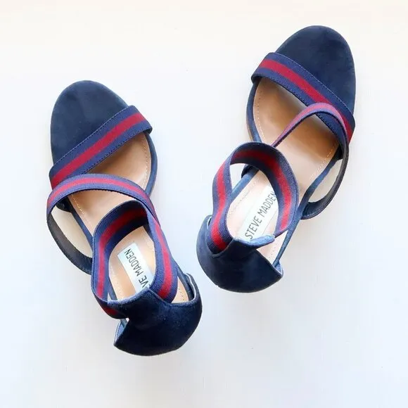 Steve Madden Carina Navy &amp; Red Stiletto Heel Elastic Ankle Strap Suede Sandals