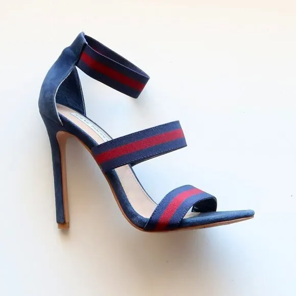 Steve Madden Carina Navy &amp; Red Stiletto Heel Elastic Ankle Strap Suede Sandals