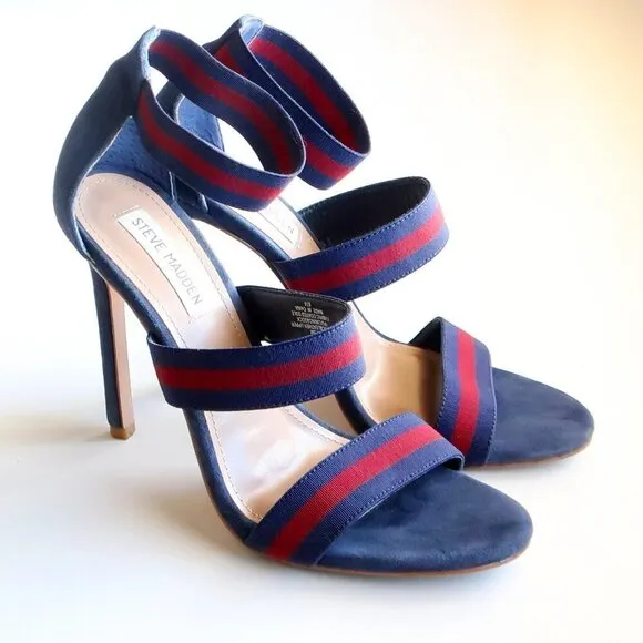 Steve Madden Carina Navy &amp; Red Stiletto Heel Elastic Ankle Strap Suede Sandals