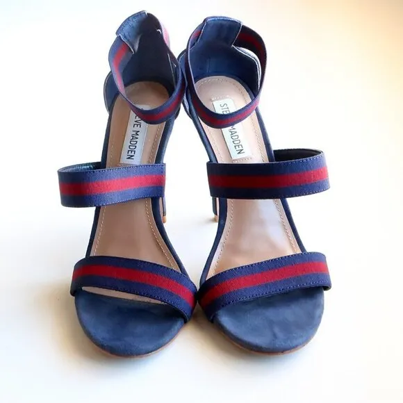 Steve Madden Carina Navy &amp; Red Stiletto Heel Elastic Ankle Strap Suede Sandals