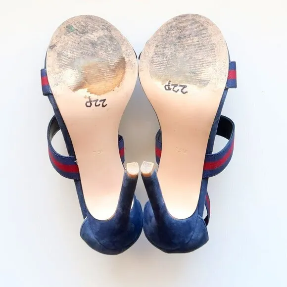 Steve Madden Carina Navy &amp; Red Stiletto Heel Elastic Ankle Strap Suede Sandals