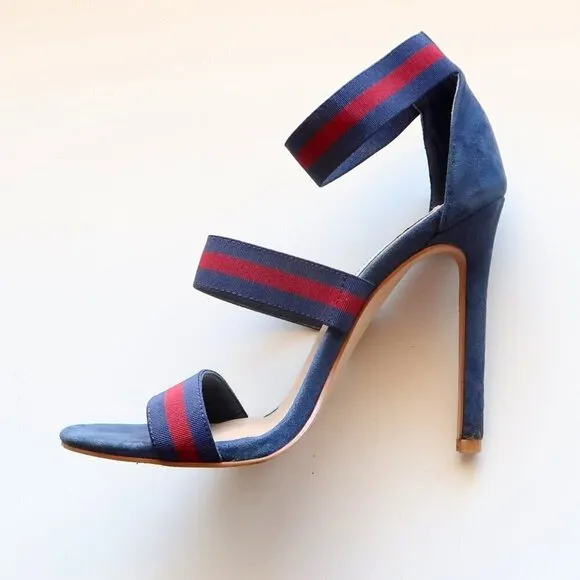Steve Madden Carina Navy &amp; Red Stiletto Heel Elastic Ankle Strap Suede Sandals