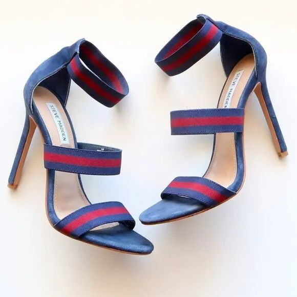 Steve Madden Carina Navy &amp; Red Stiletto Heel Elastic Ankle Strap Suede Sandals