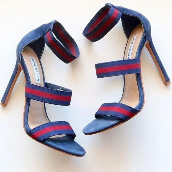 Steve Madden Carina Navy &amp; Red Stiletto Heel Elastic Ankle Strap Suede Sandals
