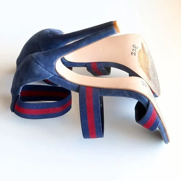 Steve Madden Carina Navy &amp; Red Stiletto Heel Elastic Ankle Strap Suede Sandals
