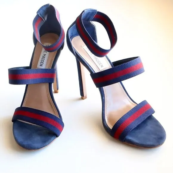 Steve Madden Carina Navy &amp; Red Stiletto Heel Elastic Ankle Strap Suede Sandals