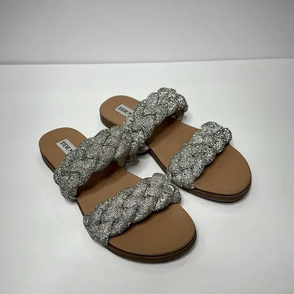 Steve Madden Dolay Silver Sparkly Gem Stone Bling Rope Slip On Flat Sandals Sz 8
