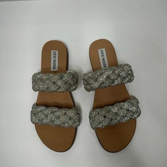 Steve Madden Dolay Silver Sparkly Gem Stone Bling Rope Slip On Flat Sandals Sz 8