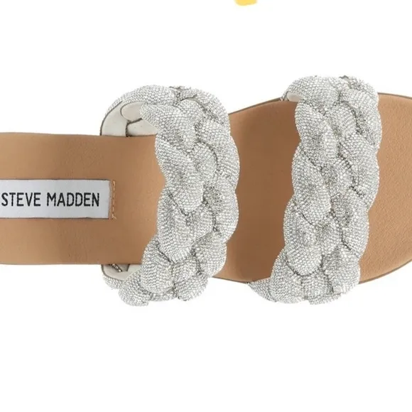 Steve Madden Dolay Silver Sparkly Gem Stone Bling Rope Slip On Flat Sandals Sz 8