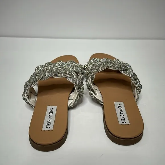 Steve Madden Dolay Silver Sparkly Gem Stone Bling Rope Slip On Flat Sandals Sz 8