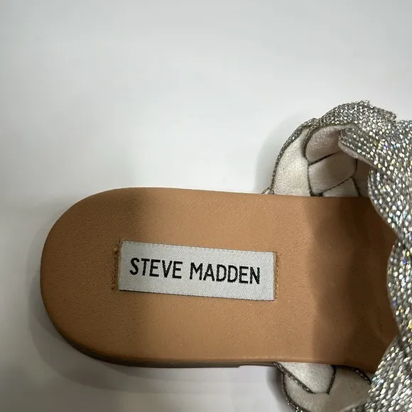 Steve Madden Dolay Silver Sparkly Gem Stone Bling Rope Slip On Flat Sandals Sz 8