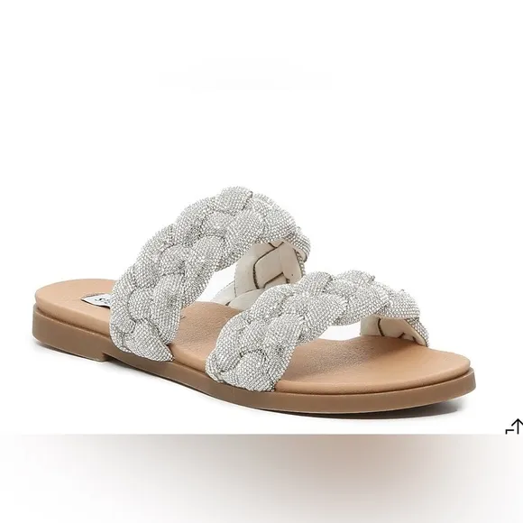 Steve Madden Dolay Silver Sparkly Gem Stone Bling Rope Slip On Flat Sandals Sz 8