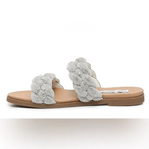 Steve Madden Dolay Silver Sparkly Gem Stone Bling Rope Slip On Flat Sandals Sz 8