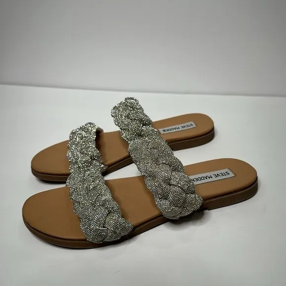 Steve Madden Dolay Silver Sparkly Gem Stone Bling Rope Slip On Flat Sandals Sz 8