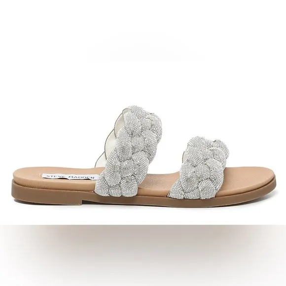Steve Madden Dolay Silver Sparkly Gem Stone Bling Rope Slip On Flat Sandals Sz 8