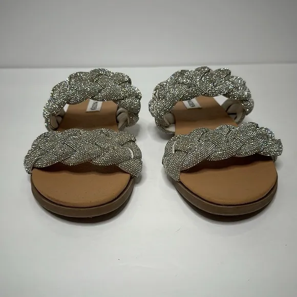 Steve Madden Dolay Silver Sparkly Gem Stone Bling Rope Slip On Flat Sandals Sz 8